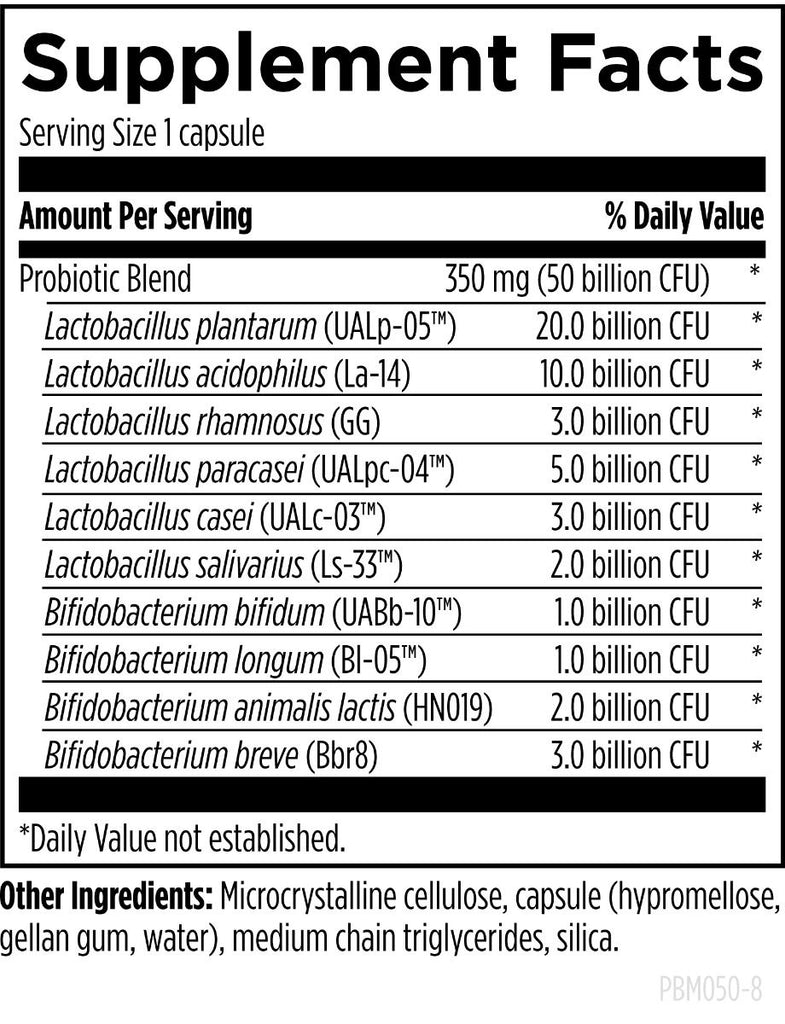 Supplement facts label with probiotic content details on a white background