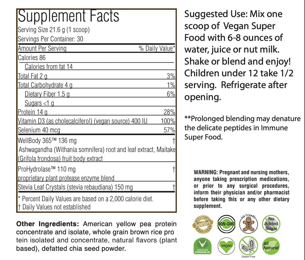 Supplement label with nutritional information and usage instructions on a white background